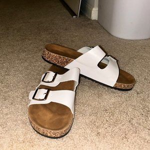 Women Open Toe Double Buckle Band Footbed Slide Sandals- White (Size 9 US Woman)